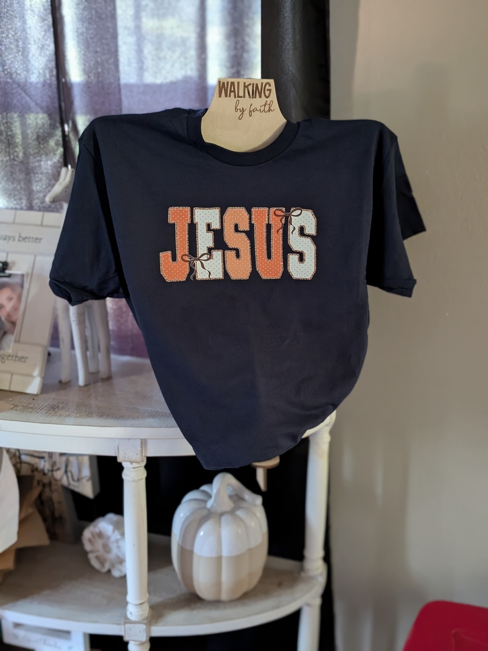 Women's Short Sleeve Navy Tee with JESUS Graphic